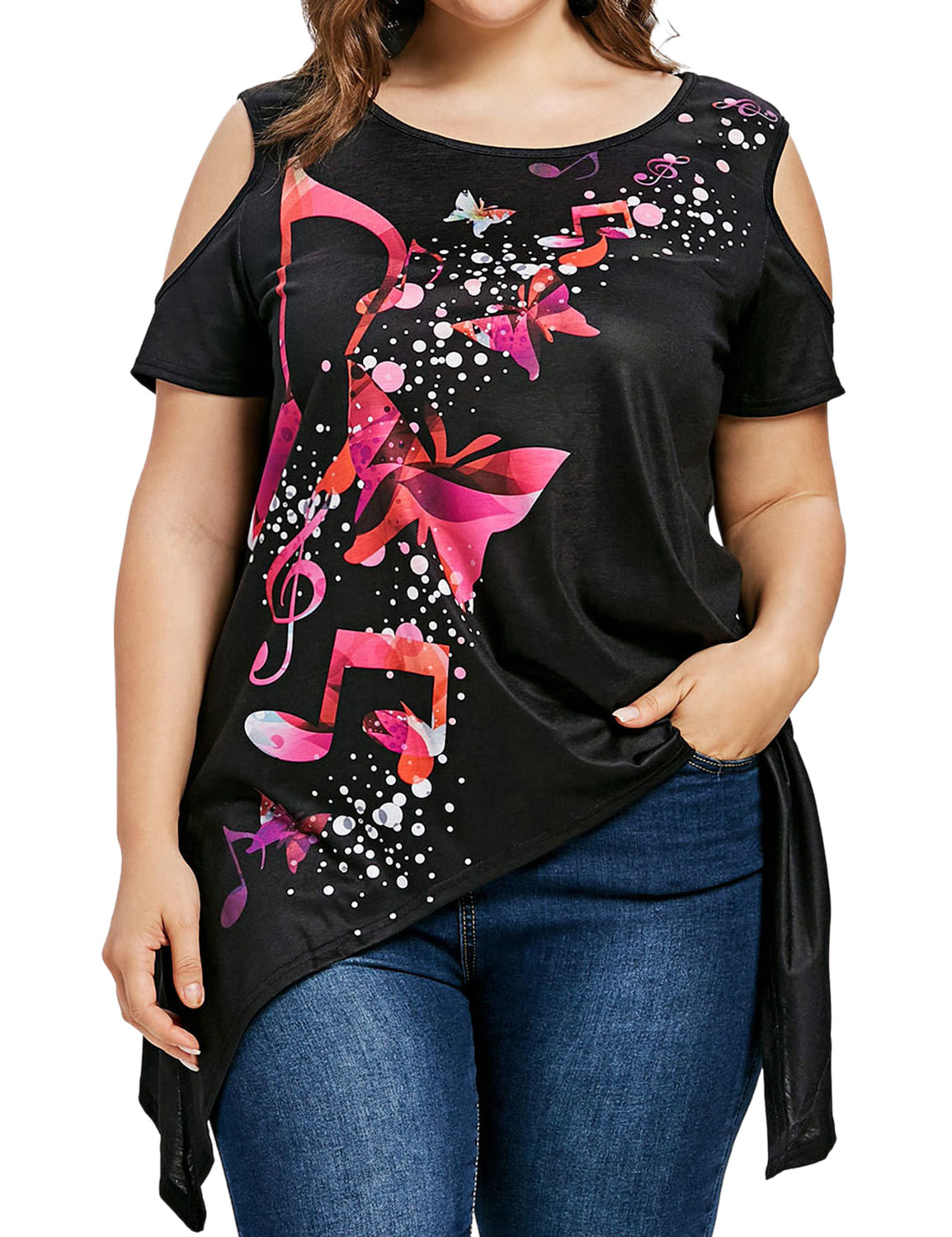 Women Floral Print Cold Shoulder Asymmetric Hem Plus Size Top