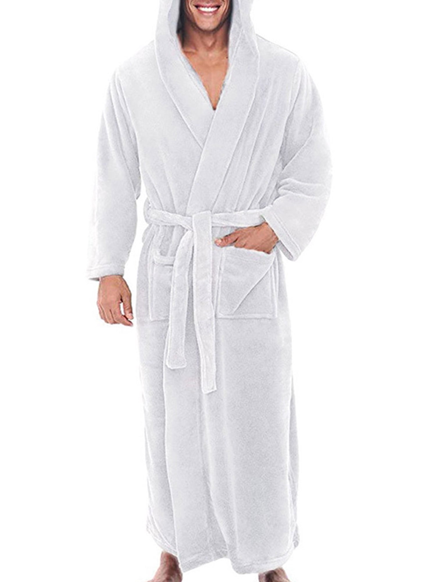 LUXUR Men Dressing Gown Hooded Wrap Robe Long Sleeve Bath Robes Plain Nightwear Solid Color Towelling White L