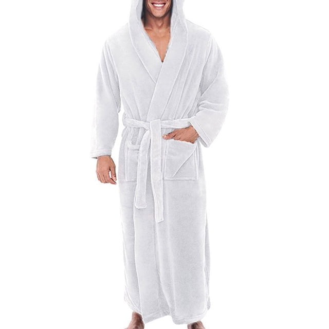 Innerwin Dressing Gown Solid Color Men Wrap Robe Home Hooded Thicken Plush Bath Robes White 3XL. This men's long-sleeve bathrobe features a hooded design, belted waist, and two front pockets. Made from a soft polyester-cotton blend, it offers extra warmth and comfort, ideal for lounging, sleepwear, or casual home wear during colder seasons. The robe is shown in a solid white color and size 3XL.