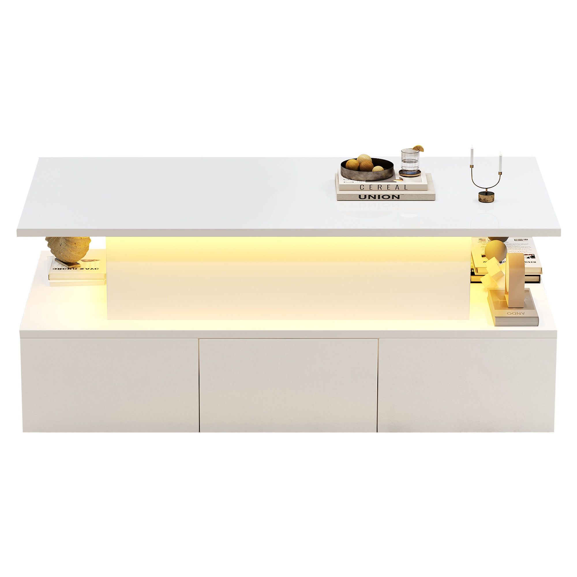 Homy Casa table basse blanche relevable avec 4 tiroirs, lumières LED et rangement caché pour salon