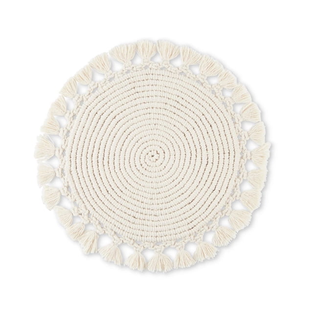 Better Homes & Garden Lauren Macrame Placemat Set, Natural, 1 Piece, 15-inch round cotton blend placemat with spiral macrame design and tassel fringe, easy to clean and suitable for casual dining table settings.