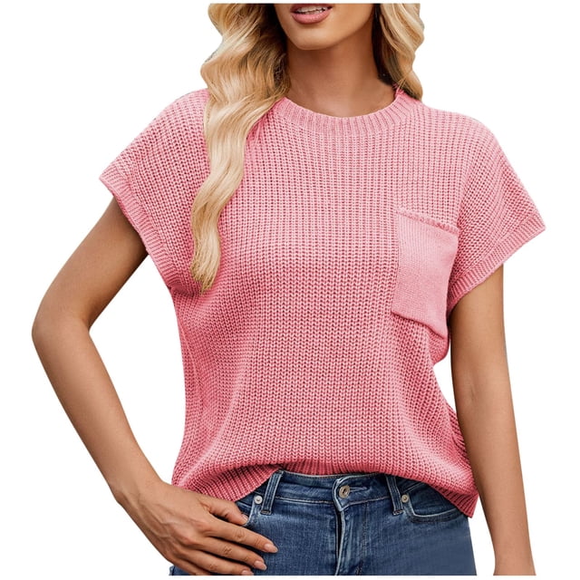 Timegard Hauts pour Femmes Manches Cap Tricot Col Rond T-Shirts Décontractés Haut Uni avec Poche
