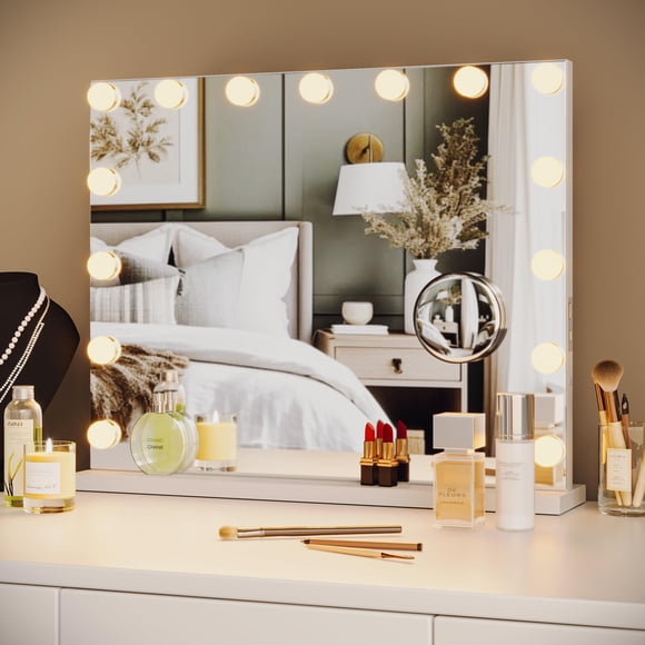 Miroir de Maquillage Cinématique avec 15 Ampoules DEL à Intensité Réglable, 3 Modes de Couleur, Grossissement 3X, Commande Tactile, Grand Miroir de Maquillage Éclairé 24"x22 Pouces pour Bureau Ou Salle de Bain, USB et Type-C, Cadre en Métal, Carré – Carré