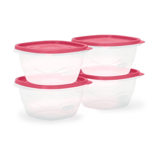 Rubbermaid TakeAlongs 5.2 Cup Food Storage Containers in limited edition Berry Pink, set of four clear square plastic containers with pink Quik Clik Seal lids that click when securely closed, stackable for easy kitchen storage, microwave-safe bases, dishwasher- and freezer-safe, ideal for meal prep and storing snacks.