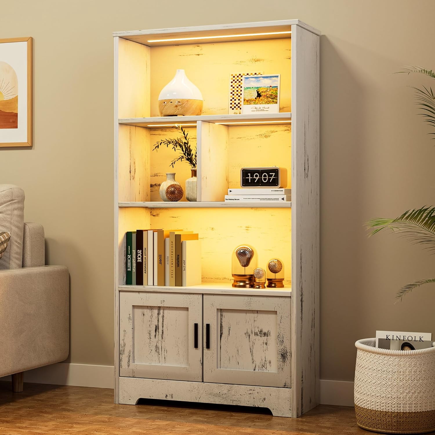 Ourlova White Bookshelf with LED Lights Farmhouse Bookcase with Doors Modern Storage Rack 3 Shelf Standing Bookshelves Wooden Display Shelf Unique Book Shelf