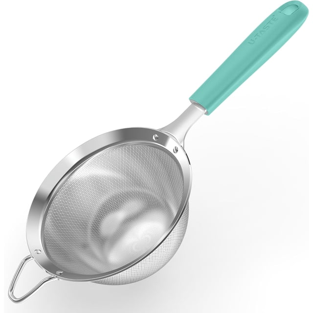 U-Taste Passoire à Mailles Fines Moyennes : Tamis Alimentaire de Cuisine en Acier Inoxydable 18/8 de 4,73 Po à 30 Mailles avec Poignée en Silicone Rivetée Robuste, Passoire Métallique Profonde Portative Robuste pour Riz, Quinoa (Aqua Sky)