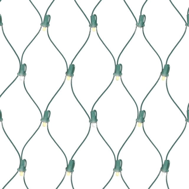 EZ-Illuminations 4'x4' 100-Count LED Net Lights with warm white and cool white flicker, green wire, and 100 energy-efficient LED bulbs arranged in a diamond net pattern, including 80 steady and 20 dual-color flickering lights, ideal for indoor and outdoor holiday decoration and suitable for quick festive lighting setups.