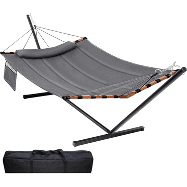 Two Person Hammock with Stand Heavy Duty, Outdoor Patio Hammock with Portable Steel Stand, Large Double Hammocks,480lbs Capacity.(Middle Grey)