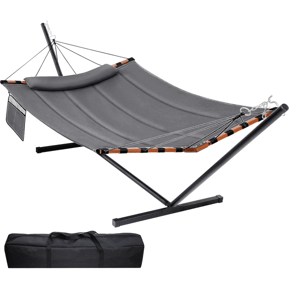Two Person Hammock with Stand Heavy Duty, Outdoor Patio Hammock with Portable Steel Stand, Large Double Hammocks,480lbs Capacity.(Middle Grey)