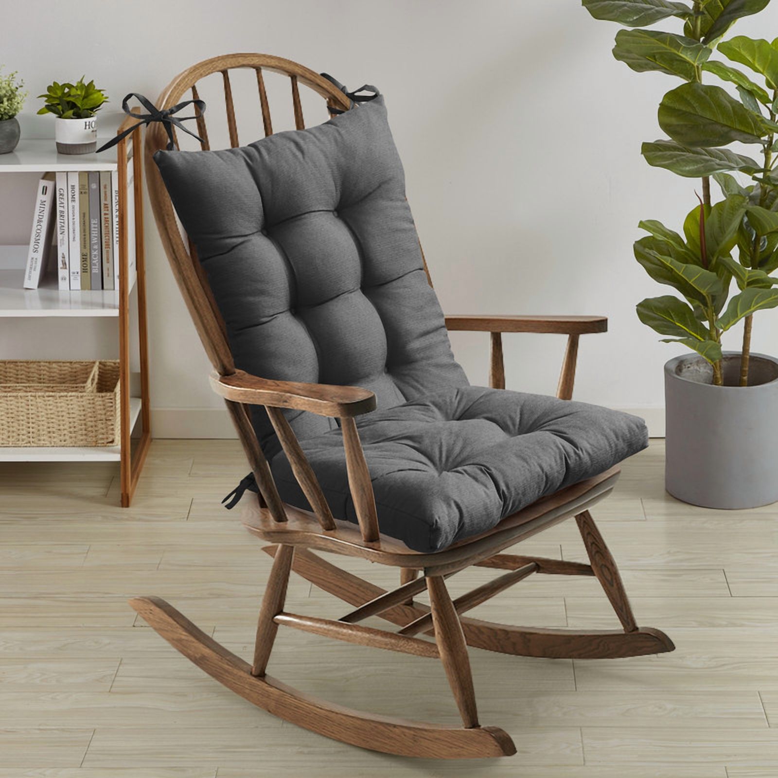 Coussin de chaise berçante haut de gamme, confortable et épais, capitonné, avec dossier haut et antidérapant, ensemble de 2 pièces (assise et dossier bas) avec attaches, couleur gris anthracite