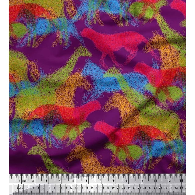 Soimoi Purple Rayon Fabric Giraffe,Leopard & Horse Animal Print Sewing Fabric BTY 42 Inch Wide