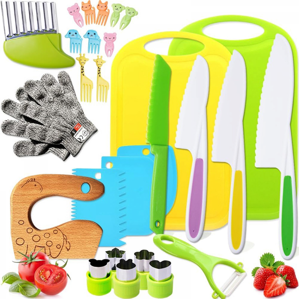 28-Piece Kids Kitchen Knife Set - Wooden & Plastic Toddler Safe Knives with Serrated Edges, Crinkle Cutter, Y Peeler & Cutting Board - Cooking Tools for Children