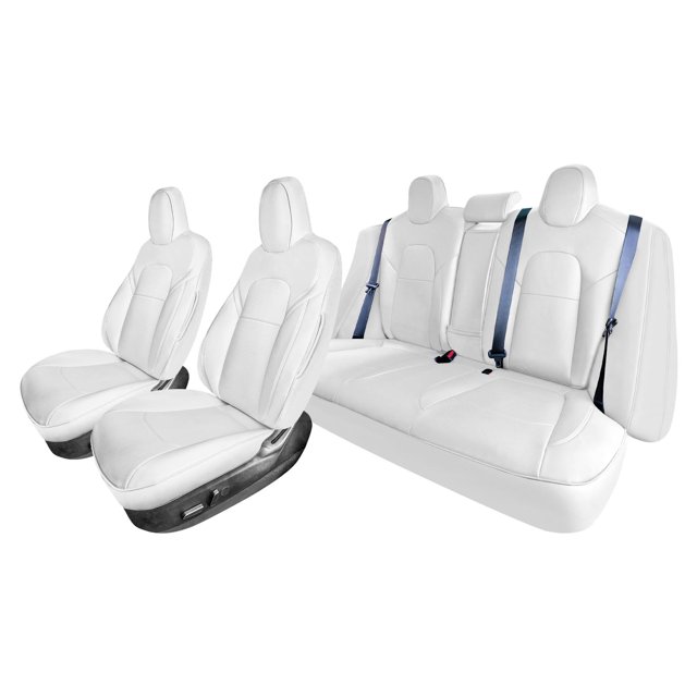 FH Group 2017-2024 Tesla Model 3 Faux Leather Custom Fit Car Seat Covers Solid White Full Set