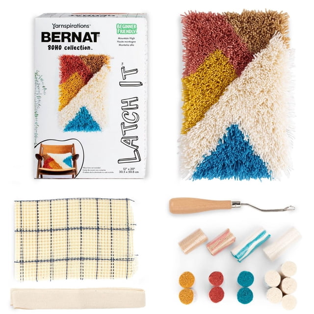 Bernat® Latch It™ Boho Collection Acrylic Yarn Kit with a boxed set and a colorful latch hook pillow in rust, mustard yellow, cream, and blue. Includes latch hook tool, canvas grid, fabric strip, and yarn bundles for beginner-friendly knitting and crochet crafting projects.