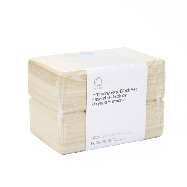 PurEarth Ensemble de Blocs de Yoga Marbré - Amande avec Deux Blocs de Yoga Superposés 3x6x9 Pouces Couleur Amande Présentant un Motif Marbré, Fabriqué à Partir de Mousse EVA dense pour Soutien et Amorti, Enveloppé dans un Plastique Transparent avec une Étiquette Blanche Indiquant le Nom du Produit et la Marque, Idéal pour Améliorer la Stabilité et l'Alignement Lors de la Pratique du Yoga.