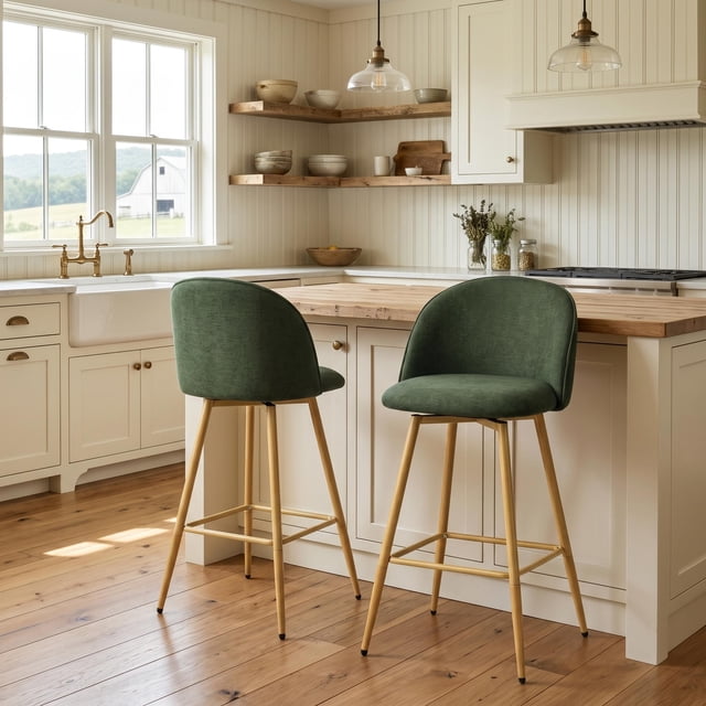 Homy Casa Set of 2 24.4" Swivel Bar Stools, Green Fabric Counter Chairs for Kitchen Island & Home Bar