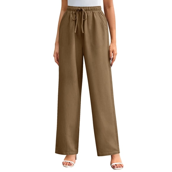 Staron Womens Linen Pants Casual Summer Lightweight 2025 Plus Size Drawstring High Waist Linen Wide Leg Trousers with Pockets Solid Elastic Waist Lounge Trousers