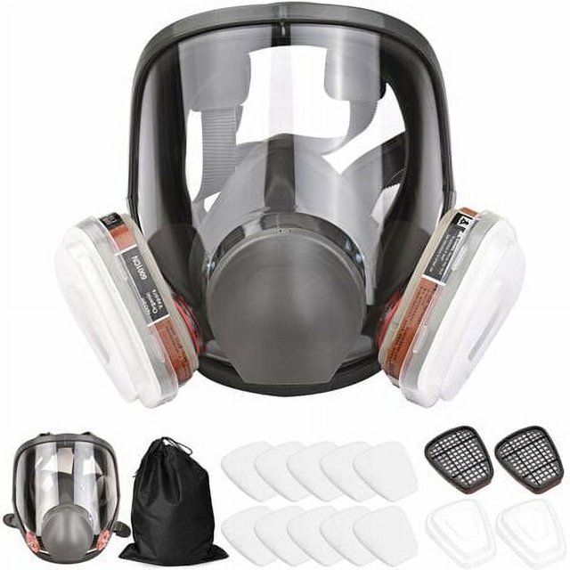 Silicone Design, 1 Mask + 2 Filter Cartridges, 3+2 Caps, 10 Pads & Storage Bag Full Face Mask with Large Vision