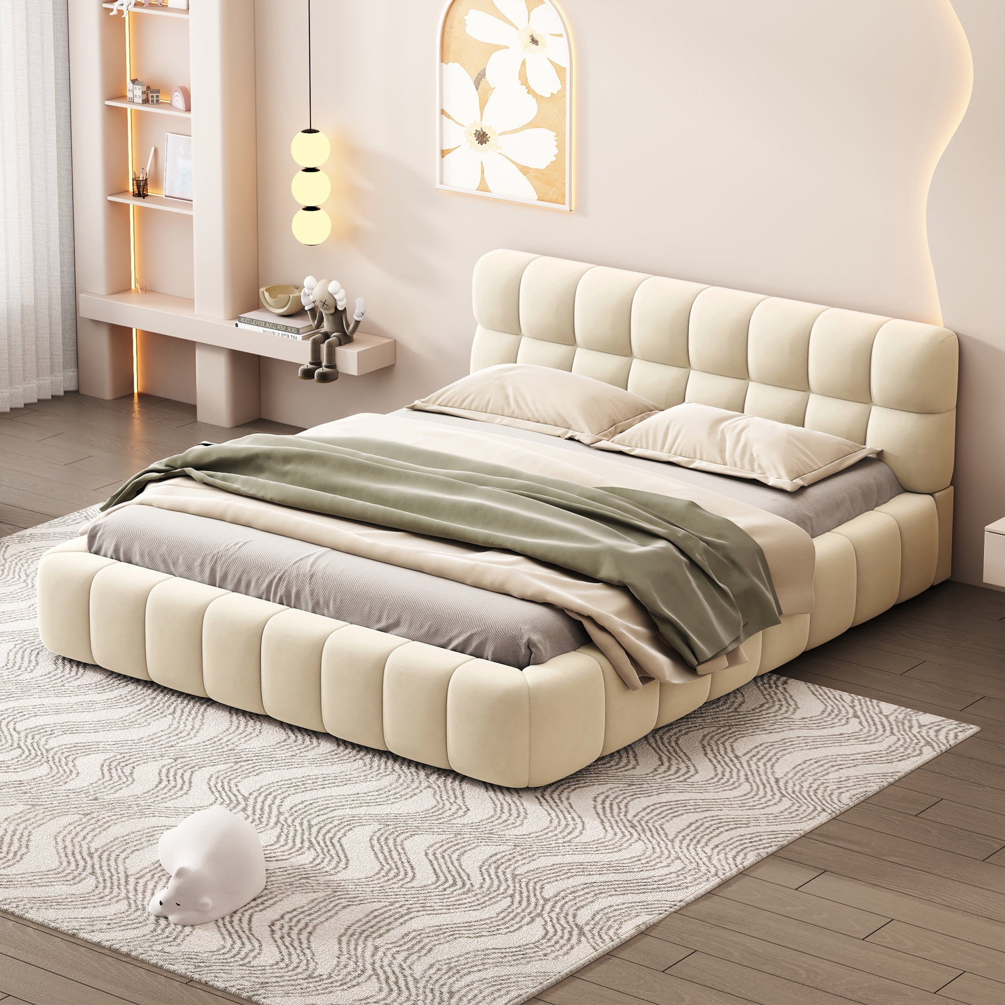 Noble House Lit Queen rembourré plate-forme, lit à terre en tissu épais avec cadre solide,Beige