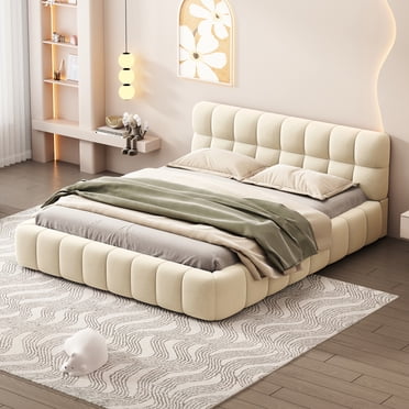 Noble House Queen Size Upholstered Platform Bed with Thick Fabric, Grounded Bed with Solid Frame, Beige