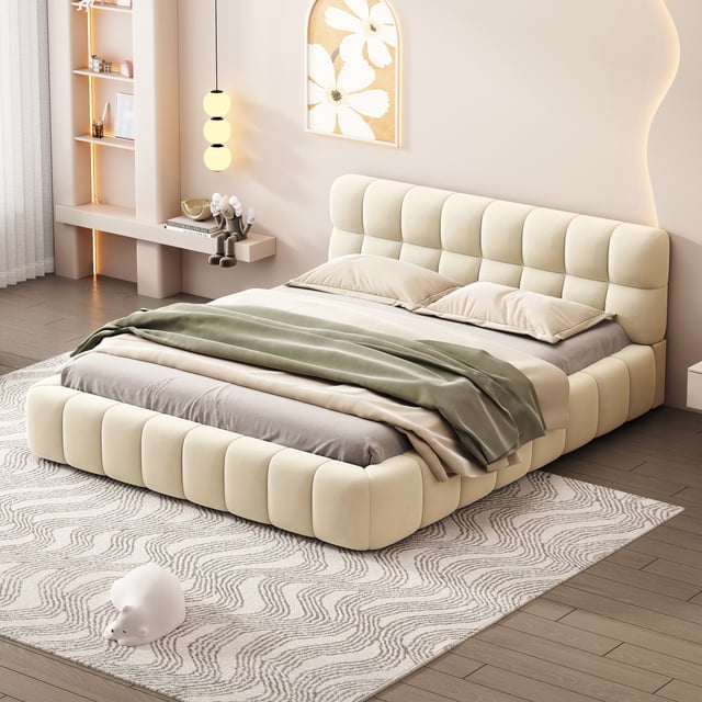 Noble House Queen Upholstered Platform Bed,Thick Fabric Grounded Bed with Solid Frame,Beige