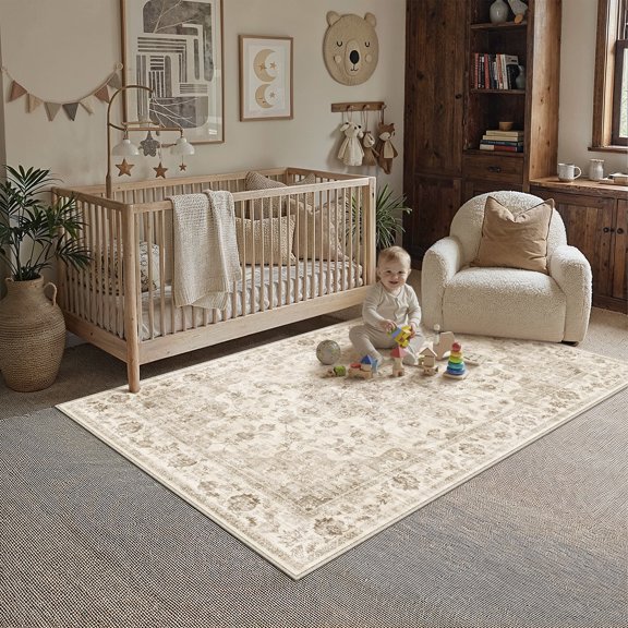 BERTHMEER Tapis Beige 4'x6' pour Salon Chambre Salle à Manger Cuisine Antidérapant Lavable Style Ferme Tapis de Bureau Oriental Vintage Traditionnel