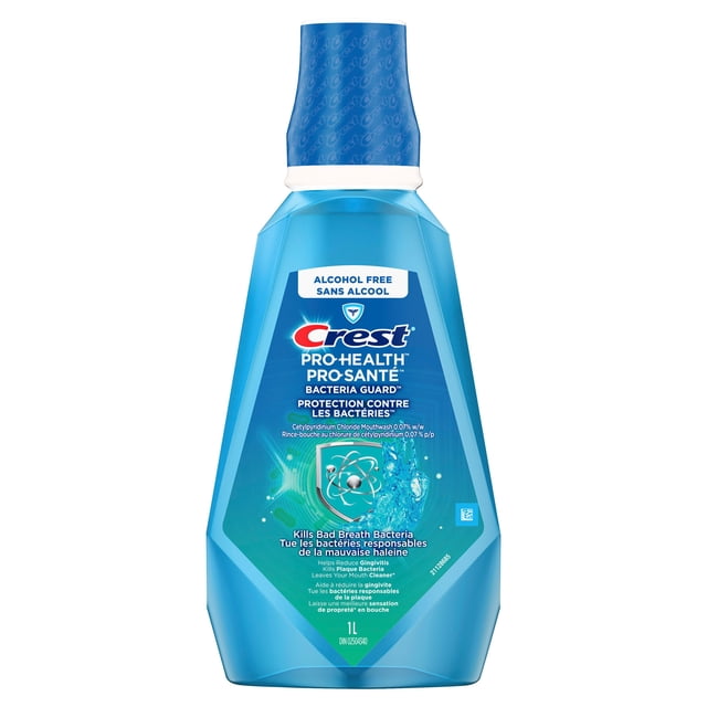 Crest Pro-Santé Bacteria Guard Rince-Bouche Sans Alcool dans une Bouteille en Plastique Bleue de 1 L avec Bouchon Bleu, Conçu pour les Soins Buccaux pour Tuer les Bactéries de la Mauvaise Haleine, Réduire la Gingivite et Protéger contre les Bactéries de la plaque, Favorisant une Haleine Fraîche et l'Hygiène Buccale.