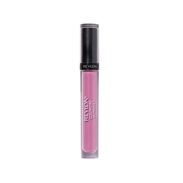 Revlon ColorStay™ Ultimate Liquid Lipstick in a clear tube with black cap, showing medium pink liquid lipstick with a soft satin finish that delivers up to 24 hours of lightweight, comfortable wear without a topcoat, ideal for long-lasting lip colour.