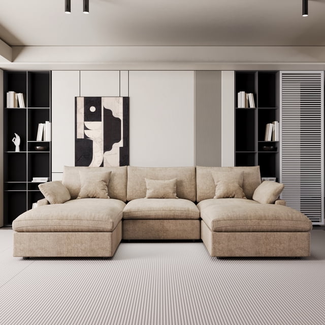 The Magic Home 5-Seater Cloud Modular U-Shaped Linen Sectional Sofa, Khaki
