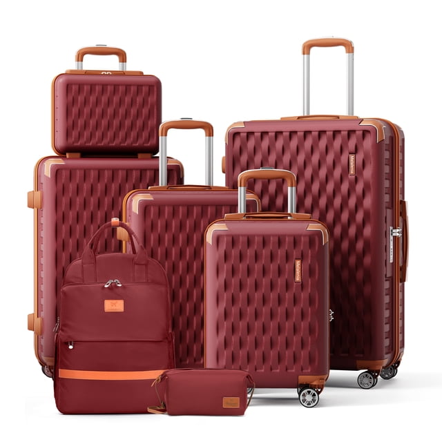 Melalenia Ensemble de Bagages 7 Pcs avec Valise Rigide ABS à Roulettes Pivotantes, Fini Rouge Texturé avec accents Bruns. Comprend un Organisateur de Voyage, un Sac à Dos, une Trousse Cosmétique de 14 Pouces, un Bagage Cabine de 18 Pouces, un Bagage Cabine de 20 Pouces, un Bagage de Taille Moyenne de 24 Pouces et un Bagage Enregistré de 28 Pouces. Équipé de Roues Pivotantes Doubles Silencieuses à 360°, d'Un Cadenas TSA, de Fermetures Éclair YKK, de Protège-Coins et de Pieds anti-collision pour