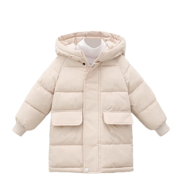 hoksml Girls Mid Length Puffer Coat Solid Color Hooded Zipper Snap Thickened Pocket Casual Warm Down Jacket