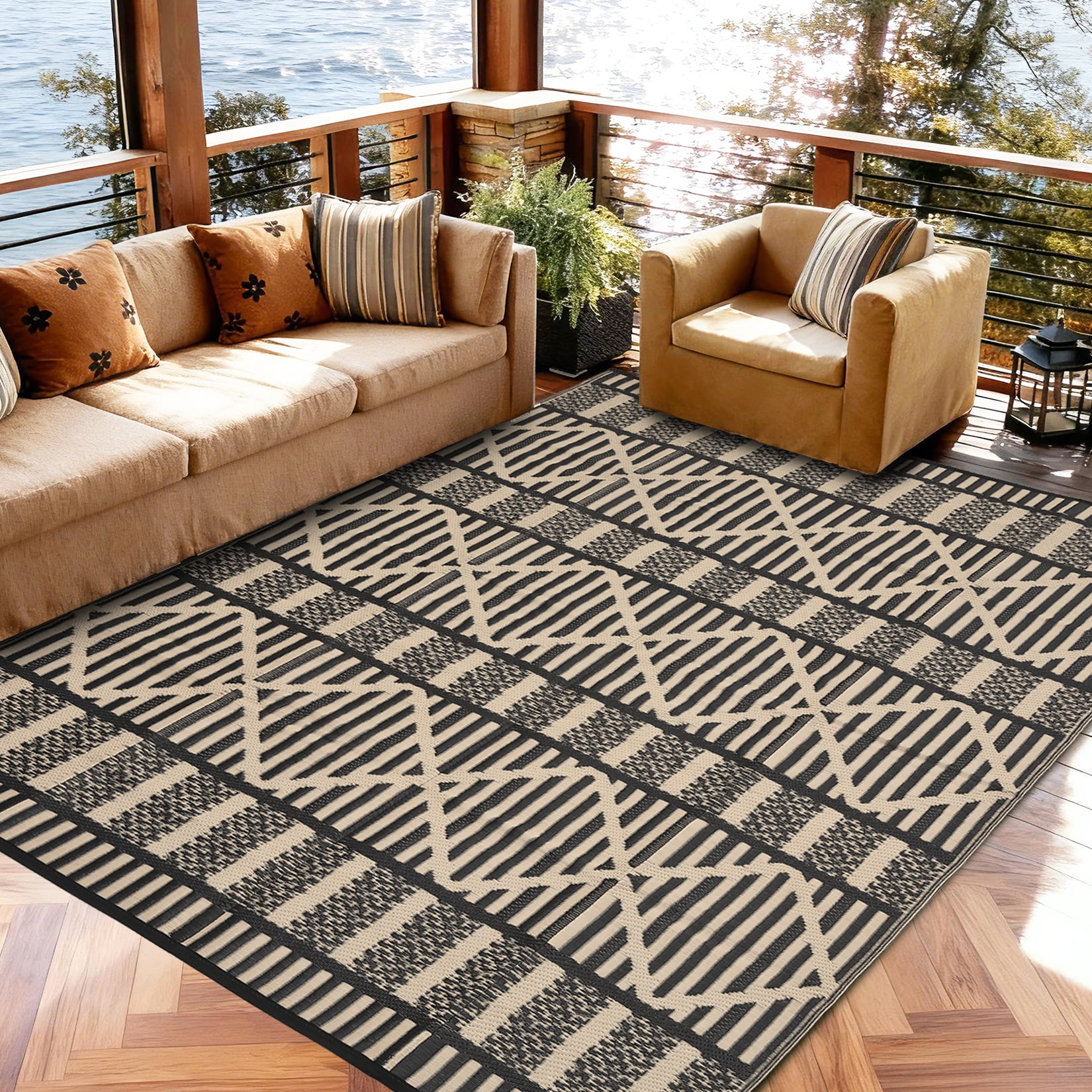 Garvee 9'x12' Outdoor Rug Waterproof Outdoor Patio Rug Mat, Reverisble Plastic Straw Outdoor Rug for RV Camping Picnic Beach Balcony, Black and Coffee