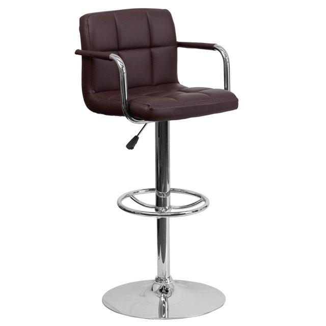 Contemporary Brown Quilted Vinyl Adjustable Height Barstool with Arms and Chrome Base