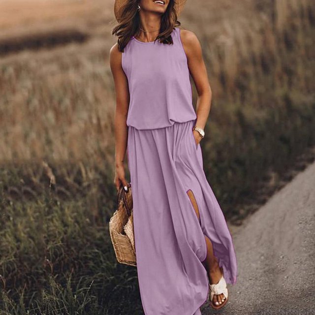 MesaSe Robe Décontractée pour Femmes Robe d'Été pour Femmes Robe Maxi Sans Manches Col Ouvert Couleur Unie Vêtements pour Femmes
