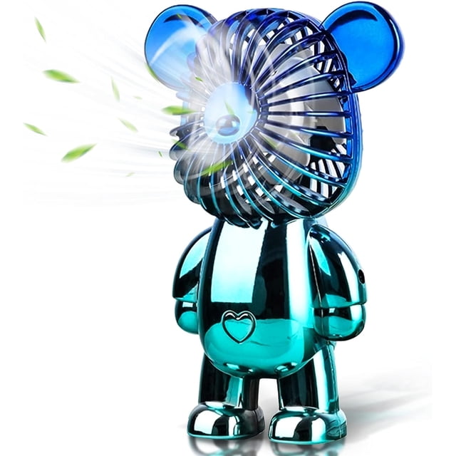 Innotech Portable Fan, a mini bear-shaped desk fan with a colorful electroplated finish. Features a quiet operation, USB charging, and three adjustable speeds: soft wind, natural wind, and strong wind. Designed with anti-skid soles and a mesh front for safety, it doubles as a decorative ornament.