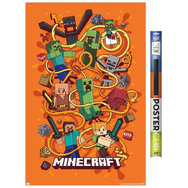 Minecraft - Funtage Wall Poster, 22.375" x 34", depicting pixelated Minecraft characters Steve and Alex with swords, Creepers, Zombies, Skeleton, Enderman, and other mobs on an orange background with yellow swirling lines and pixel blocks, printed on glossy paper with adhesive mounts for easy, damage-free hanging, suitable for bedroom or game room wall decor.