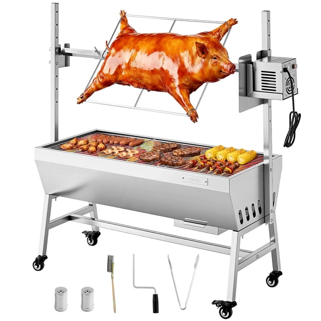 VEVOR Rotisserie Grill, 38W BBQ Outdoor Pig & Lamb Spit Roaster, Charcoal Spit Roaster with 132 LBS Capacity, Wheels & 7-Level Height, Electric Rotisserie Grill Kit