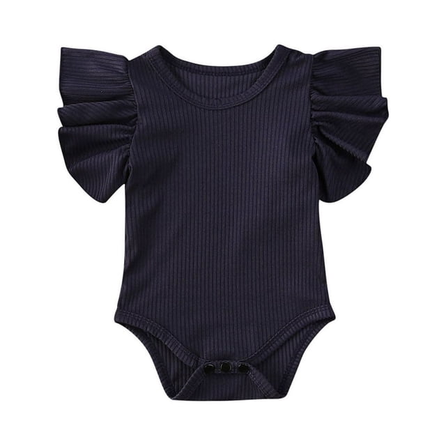 Newborn Baby Girl Ruffle Short Sleeve Romper Bodysuit Basic Solid Color T-Shirt Tops Summer Clothes Navy Blue 6-12 Months