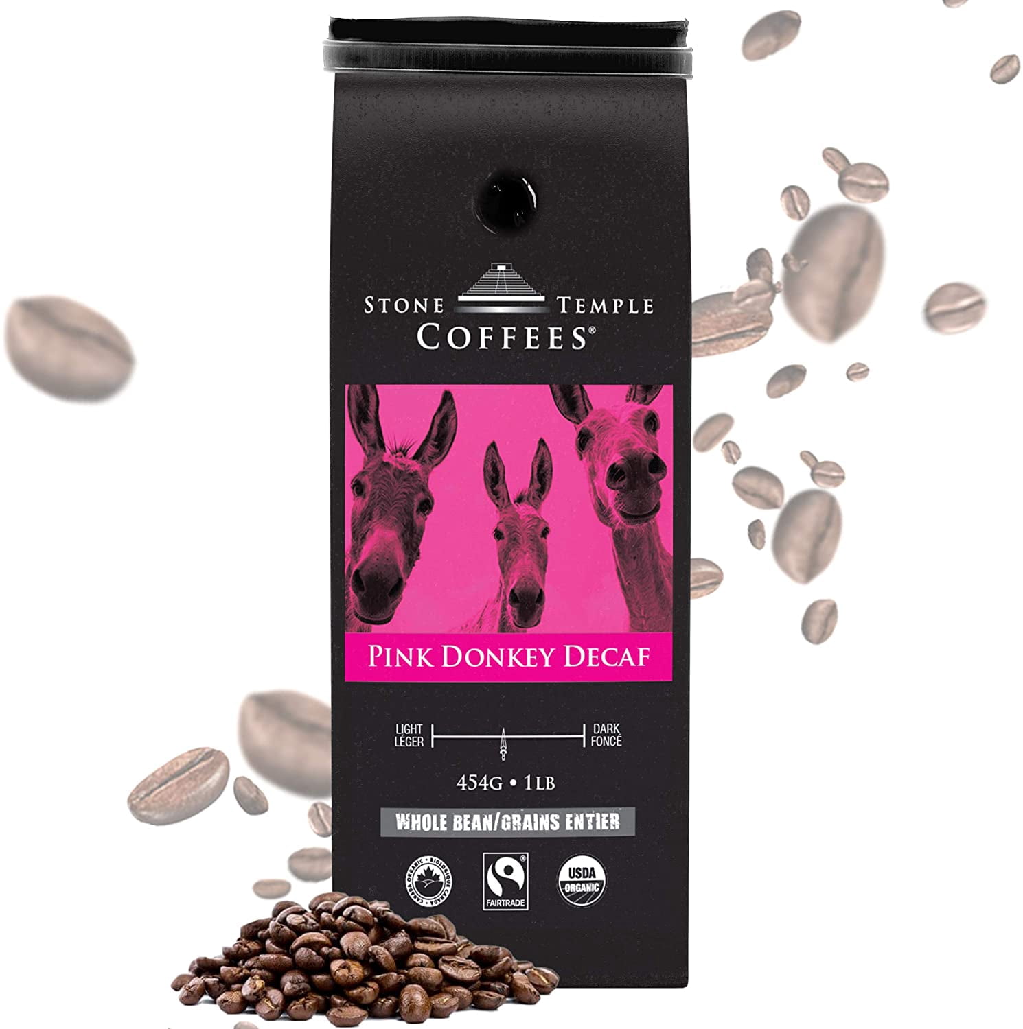 Stone Temple Coffees - Pink Donkey Decaf, Whole Bean, Medium Roast, Certified Organic, Fairtrade Coffee, 1lb / 454g Bag