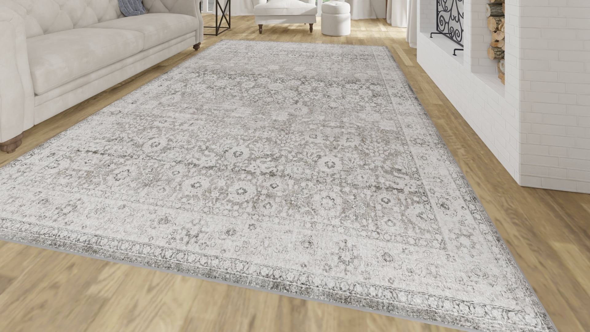 E-Z Wash Tapis de surface lavable pour le salon et la chambre à coucher, motif dentelle Meadow, gris, 8 x 10 pi