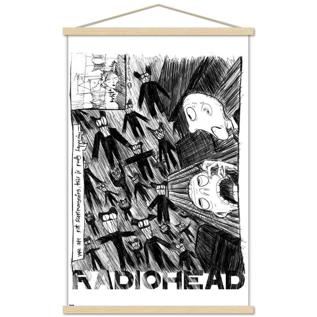 Radiohead - Scribble Wall Poster, 14.725" x 22.375" framed, displaying a black and white sketch of multiple abstract humanoid figures with wide grins and glasses, two large expressive faces on the right, and the text 'RADIOHEAD' at the bottom, ideal for adding modern wall art to bedrooms, offices, or dorm rooms.