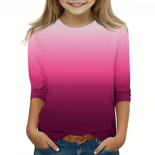 2025 T-Shirts Décontractés à Manches 3/4 pour Filles, Col Rond, Hauts d'Été, Blouses d'Automne, Pull-Over, Rose Vif