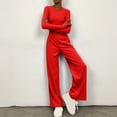thumbnail image 2 of Timegard Lounge Outfits for Women Long Sleeve Round Neck Solid Color Cropped Tops Elastic Waist Wide Leg Pants Sets, 2 of 6