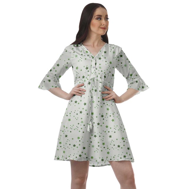 Moomaya Robe Décontractée en Poly-Crêpe pour Femmes, Imprimée, à Col en V, Mini-Robe à Cordon