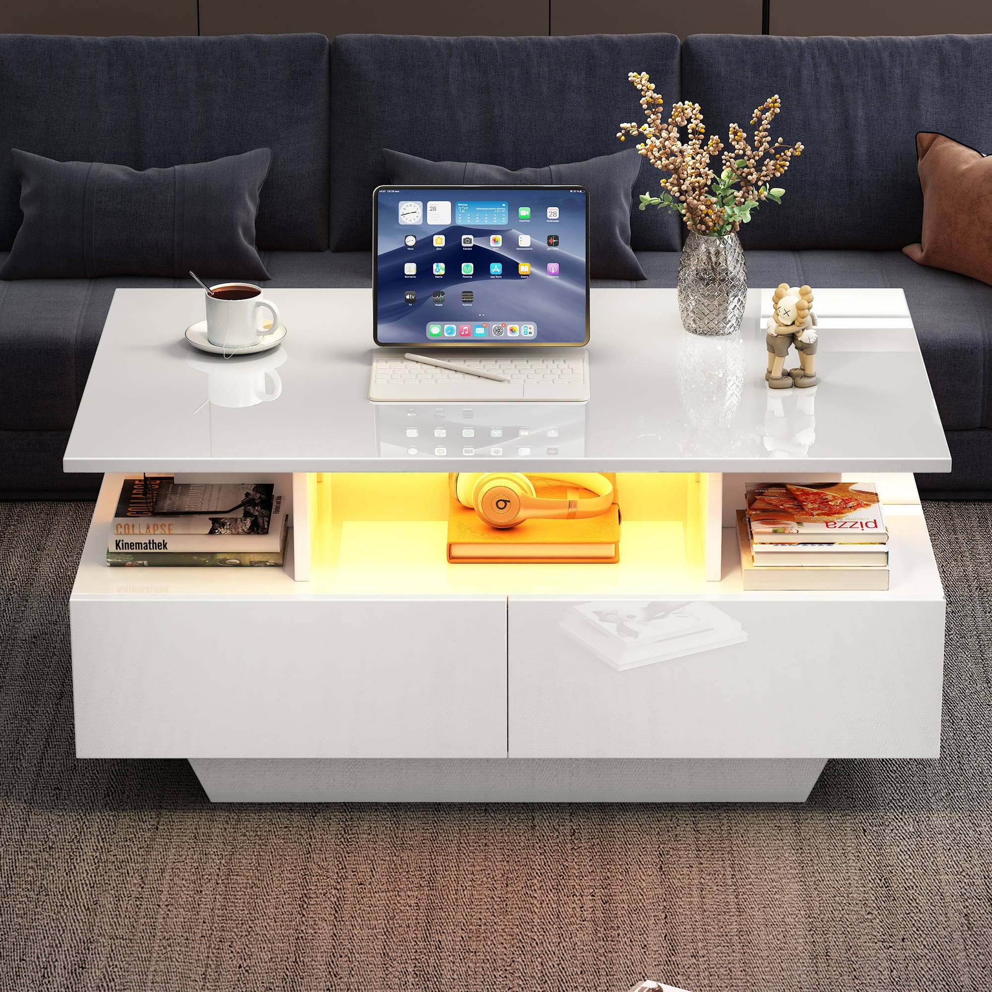 Homy Casa, table basse blanche avec DEL, 2 tiroirs, rangement ouvert et contrôle Bluetooth par appli pour salon