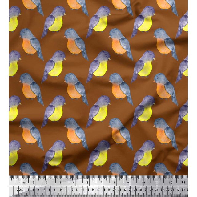 Soimoi Brown Cotton Voile Fabric American Robin Bird Decor Fabric Printed BTY 42 Inch Wide