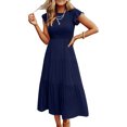 thumbnail image 2 of Tumotour Robes d'Été pour Femmes, Ligne A, Col Rond, Couleur Unie, Robe Décontractée à Volants, Longueur Thé, Manches Courtes, Robe Midi Évasée Fluide, Robes Bohèmes pour Sorties, Plage, Rendez-Vous, Vacances, 2 of 7