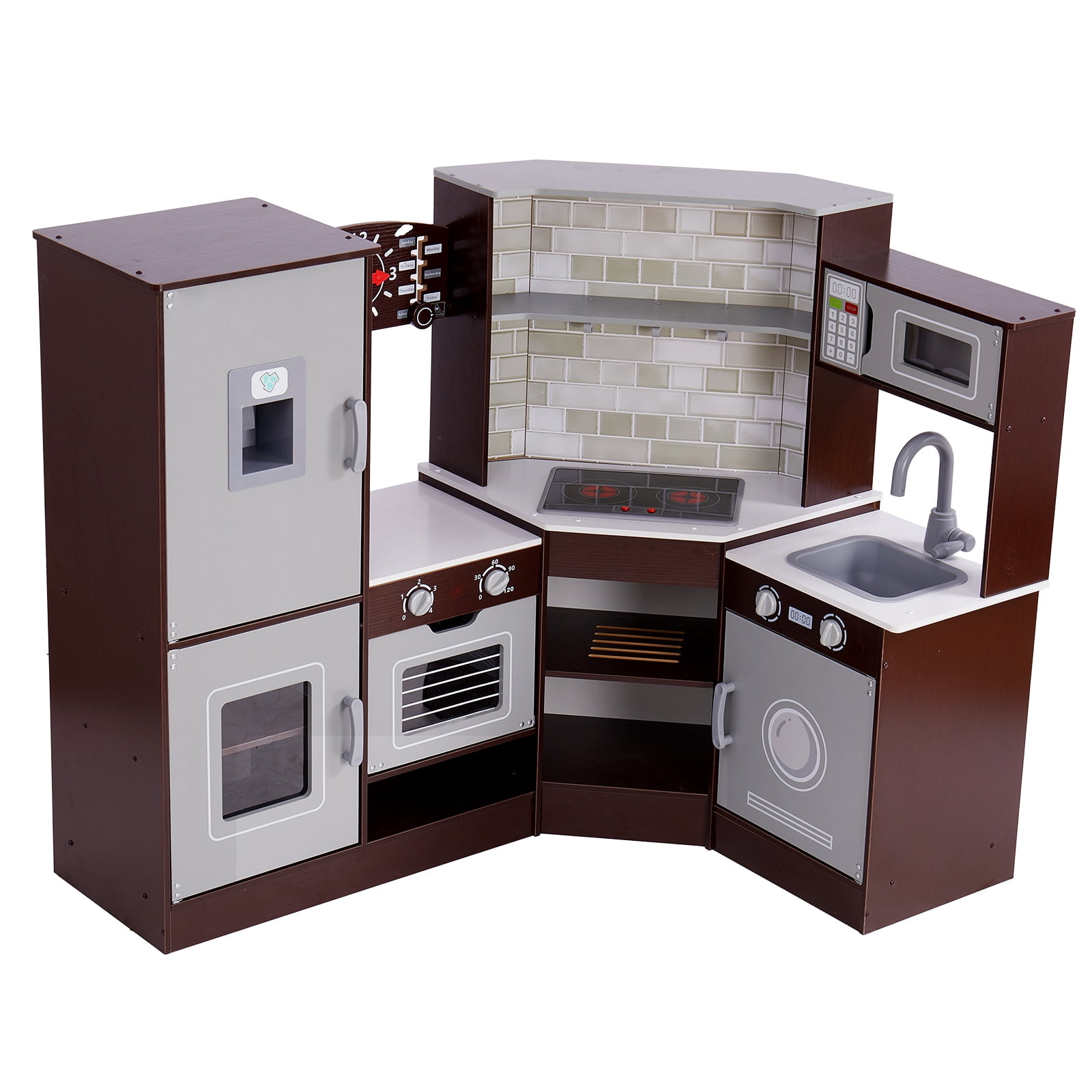 KFFKFF Corner Wood Play Kitchen, Includes Light & Sound Features, Kids' Kitchen with Ice Dispenser, Oven, Sink, Clock, Microwave, Fridge & Accessories, Ideal for Toddlers & Preschoolers, in Brown