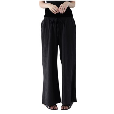 Timegard Womens Cotton Linen Pants Wide Leg Elastic Waisted Drawstring Casual Loose Trousers with Pockets