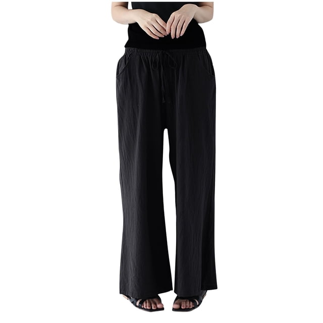 Timegard Womens Cotton Linen Pants Wide Leg Elastic Waisted Drawstring Casual Loose Trousers with Pockets